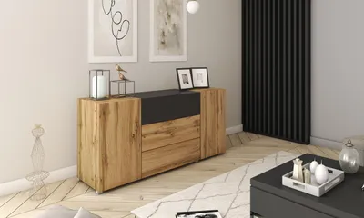 Obrázok produktu pre Komoda Berlin 150 cm čierna / dub Wotan moderná 3 zásuvky + 2 skrinky