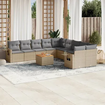 Produktbild von Design 11-tlg. Garten-Sofagarnitur mit Kissen Beige Poly Rattan, Gartenmöbel-Sets 2024 Neu