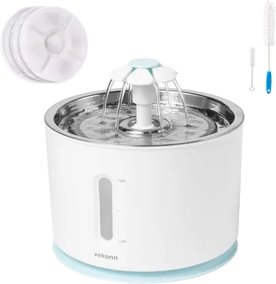 Produktbild von Wasserspender für Haustiere mit oberer Edelstahlabdeckung 2,4 l Wasserstandsfenster Ultraleise 3 Bewässerungsmethoden 3 Filter und Bürsten Brunnen für Katzen und kleine Hunde b