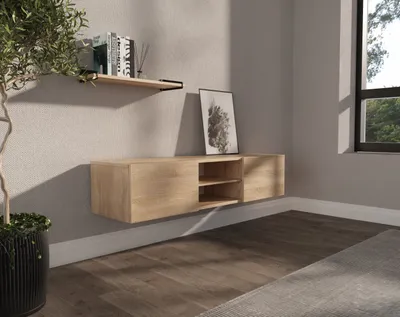 Obrázek produktu pro TV stolek / příborník 140 cm široká nástěnná skříňka TV komoda TV komoda se 2 dvířky a otevřenou přihrádkou Dub sonoma / bílý mat