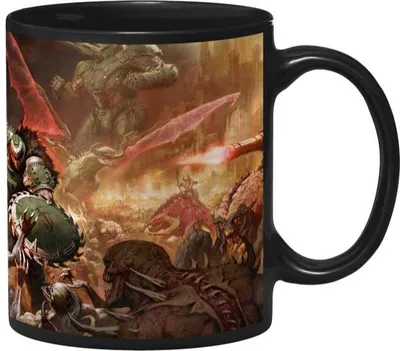 A black mug with a detailed, action-packed illustration of a battle scene from Doom The Dark Ages.