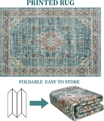 Obrázok produktu pre Umývateľný koberec – obdĺžnikový koberec 80x150 cm – s krátkym, mäkkým vlasom – v vintage a tradičnom štýle – s geometrickým vzorom – vhodný do obývačky a spálne – zelený