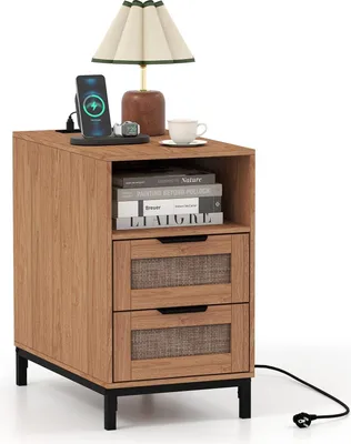 Image de Table de chevet avec station de recharge et 2 tiroirs, rotin et bois