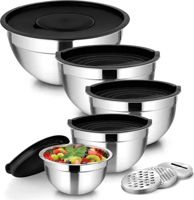 Produktbild von Homikit Rührschüssel Edelstahl Salatschüssel Set 5-tlg Luftdichter Deckel & 3 Reibenaufsätzen Schwarz