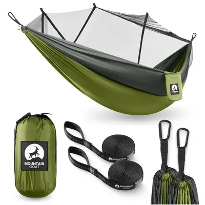 Produktbild von MOUNTAIN GOAT Trekking-Hängematte mit Moskitonetz, für 1 Person, 1,1 kg, inkl. Gurte und Karabiner, grau-grün