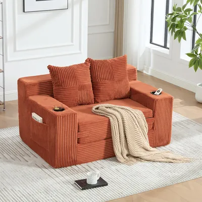 Imagen del producto de MODFU Sofá de 2 plazas, modelo Cord, sofá reclinable con 2 cojines, bolsillos laterales y portavasos, sofá doble moderno con espacio de almacenamiento, sofá lounge para sala de estar, color naranja