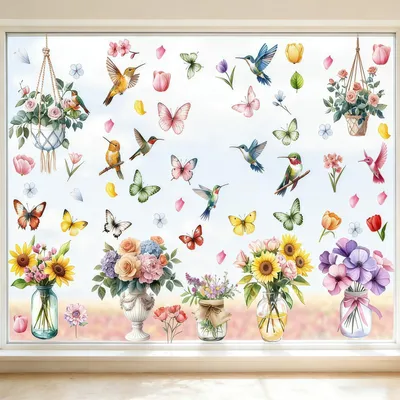 Immagine prodotto di Adesivi per finestre a tema primaverile, 9 fogli, autoadesivi, riutilizzabili, con motivi di fiori e farfalle, dimensioni 20x30 cm