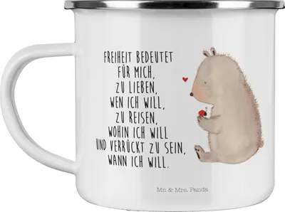 Produktbild von Mr. & Mrs. Panda Teebecher Bär Marienkäfer - Weiß - Geschenk, Haferl, Motivation, blechbecher, Teetasse, becher emaille, Freiheit, Das Leben Ist schön, Liebe, Teddy