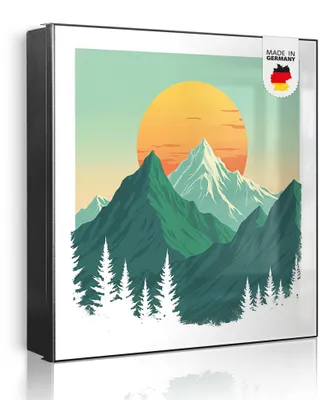 Zdjęcie produktu dla Metalowa szafka na klucze banjado, wymiary 30 x 30 cm, z 32 haczykami, z możliwością wykorzystania jako tablica magnetyczna, korpus w kolorze czarnym, zawiasy po prawej stronie, wschód słońca nad górami [SKG2 13170]