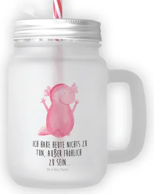 Produktbild von Mr. & Mrs. Panda Glas Axolotl Hurra - Transparent - Geschenk, Mason Jar, Trinkglas mit Deckel, Becher, Motivation, Fröhlich, Spaß, Schwanzlurch, dessertglas