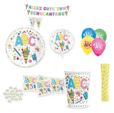 Produktbild von ABC Einschulung Partyset mit Deko, Ballons, Geschirr und Trinkhalmen