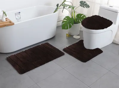Image de tapis de bain 3 pièces - tapis à rayures Tapis de bain Housse de toilette Tapis de salle de bain,Marron foncé