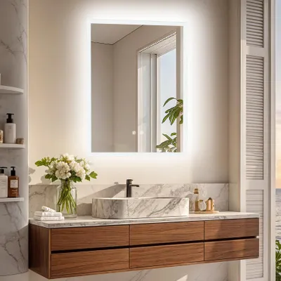 Obrázok produktu pre LED zrkadlo do kúpeľne – obdĺžnikové nástenné kozmetické zrkadlo – bez zahmlievaniu – 3 teploty svetla: 3000K/4000K/6000K – dotykové ovládanie – vodotesné (IP44) – tvrdené sklo – 50 x 70 cm