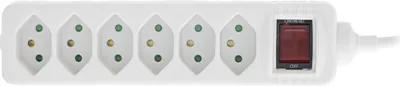 A white power strip with six outlets and a red on/off switch, shown against a white background.