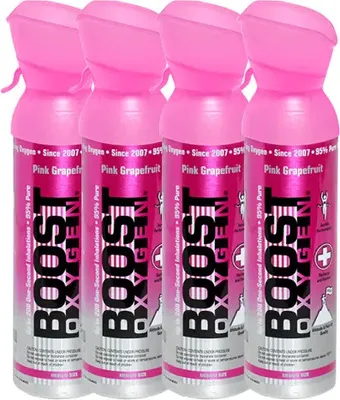 Obrázok produktu pre Boost Oxygen Čistý kyslík v plechovke - 20 litrov Ruzovy grapefruit, 95 % čistého kyslíka v štyroch prenosných 5-litrových plechovkách