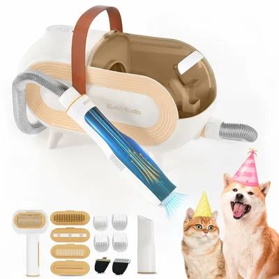 Produktbild von Katio Kadio Hundeschermaschine mit Tierhaar Staubsauger, Profi Haustierpflegeset mit 8 Tierpflegewerkzeugen Gelb