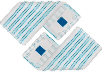 Two white mop pads with blue stripes and a blue square label.