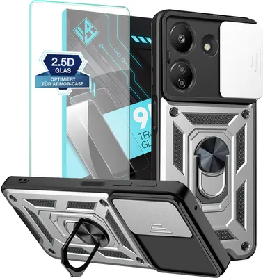 Produktbild von Armor Handyhülle für Xiaomi Redmi 13C mit 9H Displayglas Displayschutz Kameraschutz Handy Panzer Case Cover Schutzhülle Outdoor Farbe: Silber