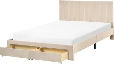 Produktbild von BELIANI Bett Beige Samt Gepolstert mit Schubladen Lattenrost 140x200 cm Hohes Gestepptes Kopfteil Modern Schlafzimmer Polsterbett Samtbett