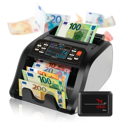A money counting machine with Euro banknotes being processed and displayed on a separate screen.