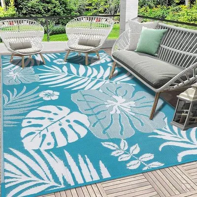 Image de Tapis d'extérieur SHACOS 150 x 240 cm, imperméable, réversible, résistant aux UV, pour jardin, terrasse, plage, pique-nique, véranda, bleu