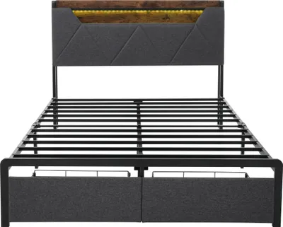 Produktbild von Flieks Polsterbett 160x200cm mit USB und Typ C, Stauraumbett Metallbett mit Lattenrost, Jugendbett Doppelbett mit LED und Schublade, Leinen, Grau
