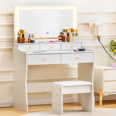 Produktbild von Schminktisch mit Spiegel und LED, 5 Schubladen, 80 x 40 x 135 cm mit Hocker Steckdosen+verstellbaren LED-Beleuchtung, weiß