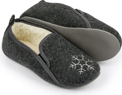 Produktbild von Damen Filz-Hausschuhe warm mit Wolle gefüttert, schwarze Pantoffeln mit Schneeflocken-Stickerei, bequeme Hüttenschuhe Gr.39