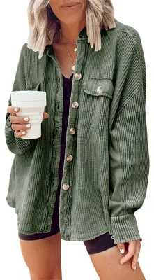Produktbild von Oversize-Hemdjacke im Boyfriend-Stil mit Waffelstrickknöpfen, locker geschnitten, lässig, Damen-Strickjacke für Herbst und Winter, hellgrün, Größe L