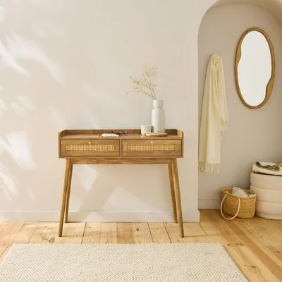 Produktbild von CALICOSY - Konsole 2 Schubladen mit Rattanfronten und Holzbeinen L100 cm - PALMO