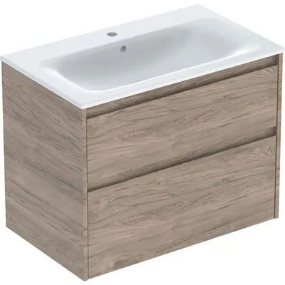 Produktbild von Geberit Renova Plan Set Möbelwaschtisch schmaler Rand, mit Unterschrank, zwei Schubladen: 80x62.1x48cm, Breite Waschtisch=80cm, Waschtisch: weiß, Korpus, Front: Nussbaum hickory / Melamin Holzstruktur