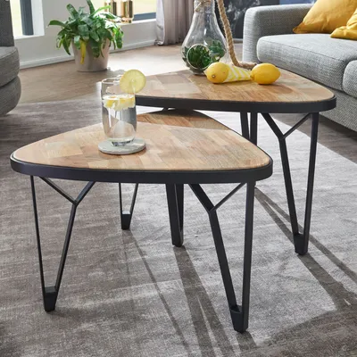 Image de FineBuy Table basse, set de 2 tables en manguier / acacia massif Table de salon triangulaire marron avec pieds métalliques Set de table 2 pièces Table de salon en bois