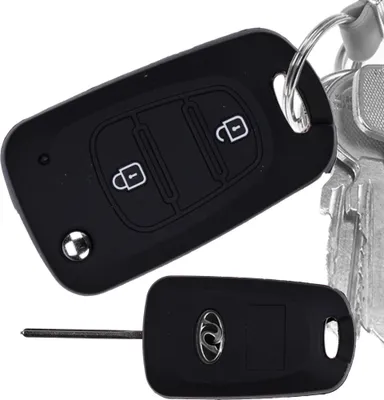 Produktbild von Auto Schlüssel Hülle Silikon Schutz Cover Schwarz kompatibel mit Kia Picanto Rio Sportage Hyundai Elantra Accent 2 Tasten Klappschlüssel