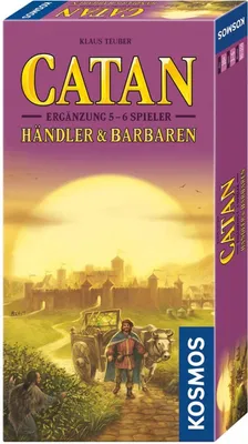 The image shows the box of the board game Catan: Traders & Barbarians expansion for 5-6 players. The box features artwork of a medieval town in the background with a cart and a man with a cow in the foreground.