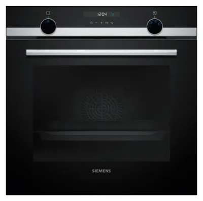 A front view of a black Siemens oven with a silver handle and control panel.