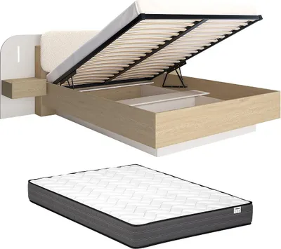 Produktbild von Bettkasten mit Nachttischen 160 x 200 cm - Mit LEDs - Beige und Naturholz + Matratze - LYORIMA