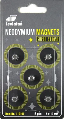 A retail package of 5 neodymium magnets.
