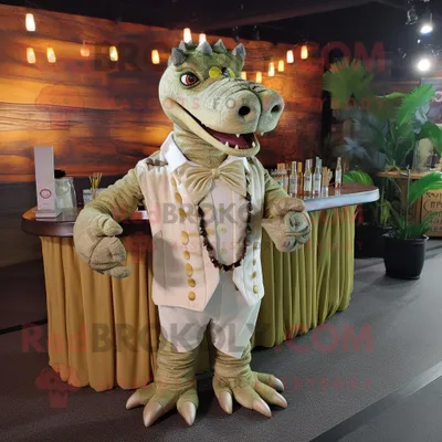 Produktbild von Hellbraunes REDBROKOLY Krokodil Maskottchen Kostüm gekleidet in ein Cocktailkleid und Krawatten