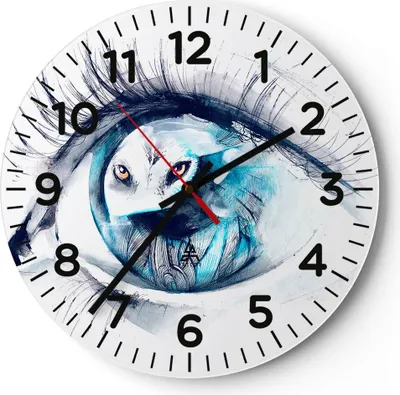 A round wall clock with an illustration of an eye and a wolf's face reflected in it.