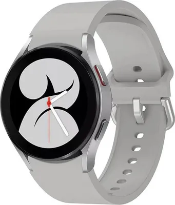 A close-up, studio shot of a smartwatch with a light gray silicone strap.