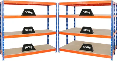 Produktbild von Mega Deal | 3x Profi Schwerlastregal Rhino | HxBxT 180x200x60cm | 4 Spanplatten-Ebenen 16mm | Fachlast 500kg | Blau-Orange