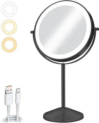 Obrázek produktu pro 8palcové kosmetické zrcadlo osvětlení dobíjecí 1x/10x zvětšovací světlo 54 LED světel 3 barvy jas 360° otočná ložnice S