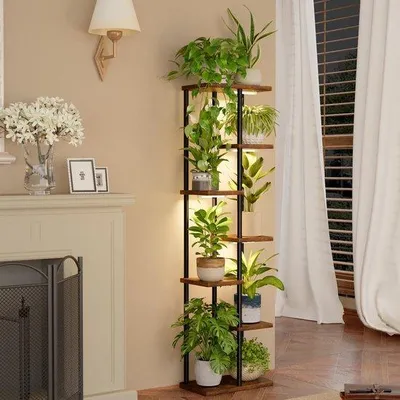 Obrázok produktu pre Uniqoos® regál na vnútorné rastliny s integrovanými rastlinnými lampami, 7 úrovní, kombinácia dreva a kovu, úsporný dizajn pre interiéry, podporuje zdravý rast rastlín