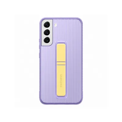 A purple phone case with a yellow kickstand is shown against a white background.