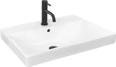 A white rectangular sink with a black faucet, shown from a diagonal angle against a white background.