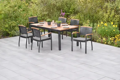 Produktbild von Merxx Gartenmöbel Set Tnos 13tlg., 6 Stapelsessel inkl. Kissen, Ausziehtisch 180 (250) x 100 cm- Aluminium/Akazie