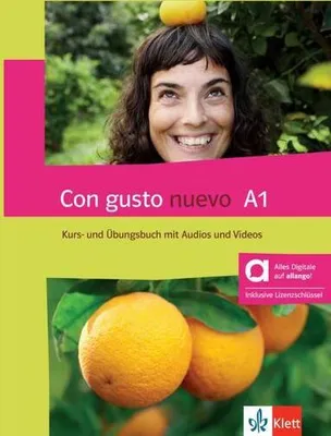 A woman with a lemon on her head is shown in the upper part of the image, with oranges in the lower part. Text overlays provide product details.