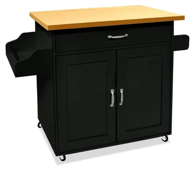 Produktbild von Küchenwagen in Schwarz mit Rollen und Arbeitsplatte, mobile Kücheninsel aus Holz mit Handtuchhalter und Gewürzregal, 115x90x36cm