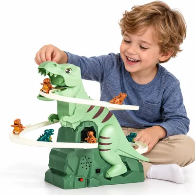 Produktbild von Dino Bahn Spielzeug Elektrisch, Dinosaurier Auto mit Rutsche, Licht und Musik, 5 Figuren Set, Konstruktionsspielzeug für Kinder ab 4 Jahren