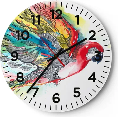 Produktbild von Wanduhr - Rund - Glasuhr - Parrot Flügel Federn Natur - 30x30cm - Schleichendes Uhrwerk - Lautlos - zum Aufhängen bereit - Dekoration Modern - Wanddekoration aus Glas - C4AR30x30-3008